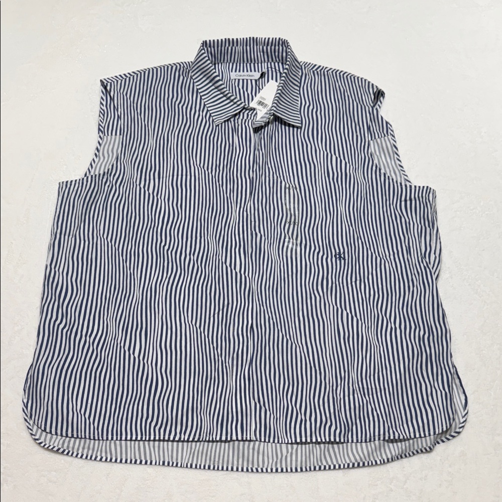 Calvin Klein Blue and White Striped Sleeveless Button-Down Shirt